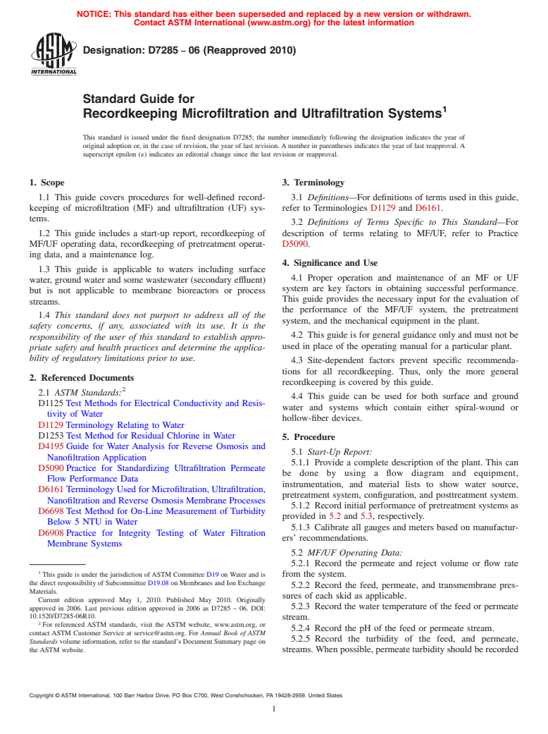 ASTM D7285-06(2010) - Standard Guide for Recordkeeping Microfiltration and Ultrafiltration Systems