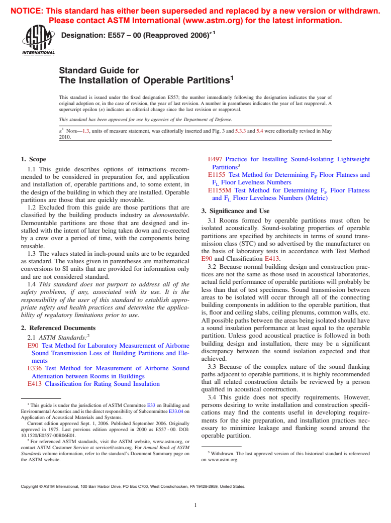 ASTM E557-00(2006)e1 - Standard Guide for The Installation of Operable Partitions