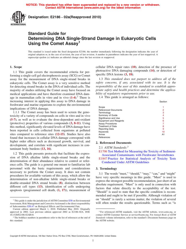 ASTM E2186-02a(2010) - Standard Guide for Determining DNA Single-Strand Damage in Eukaryotic Cells Using the Comet Assay