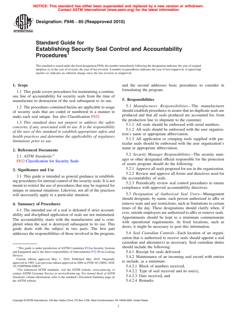 ASTM F946-85(2010) - Standard Guide for Establishing Security Seal Control and Accountability Procedures