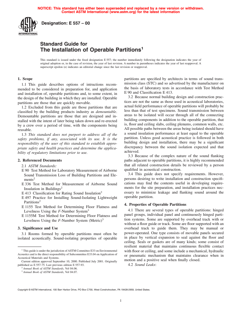 ASTM E557-00 - Standard Guide for The Installation of Operable Partitions