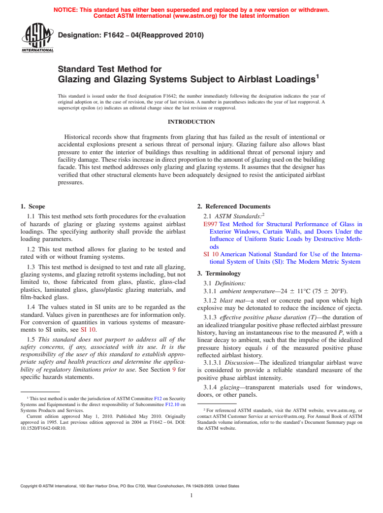 ASTM F1642-04(2010) - Standard Test Method for Glazing and Glazing Systems Subject to Airblast Loadings