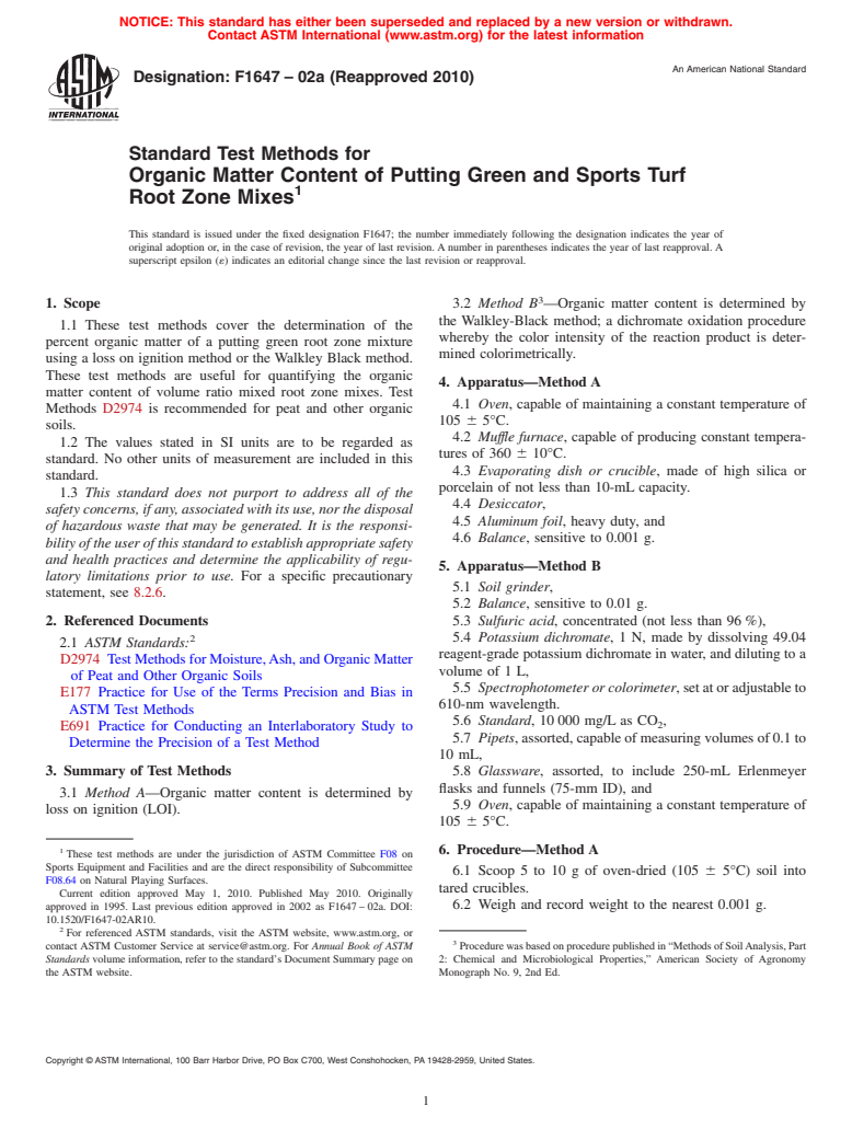 ASTM F1647-02a(2010) - Standard Test Methods for Organic Matter Content of Putting Green and Sports Turf Root Zone Mixes