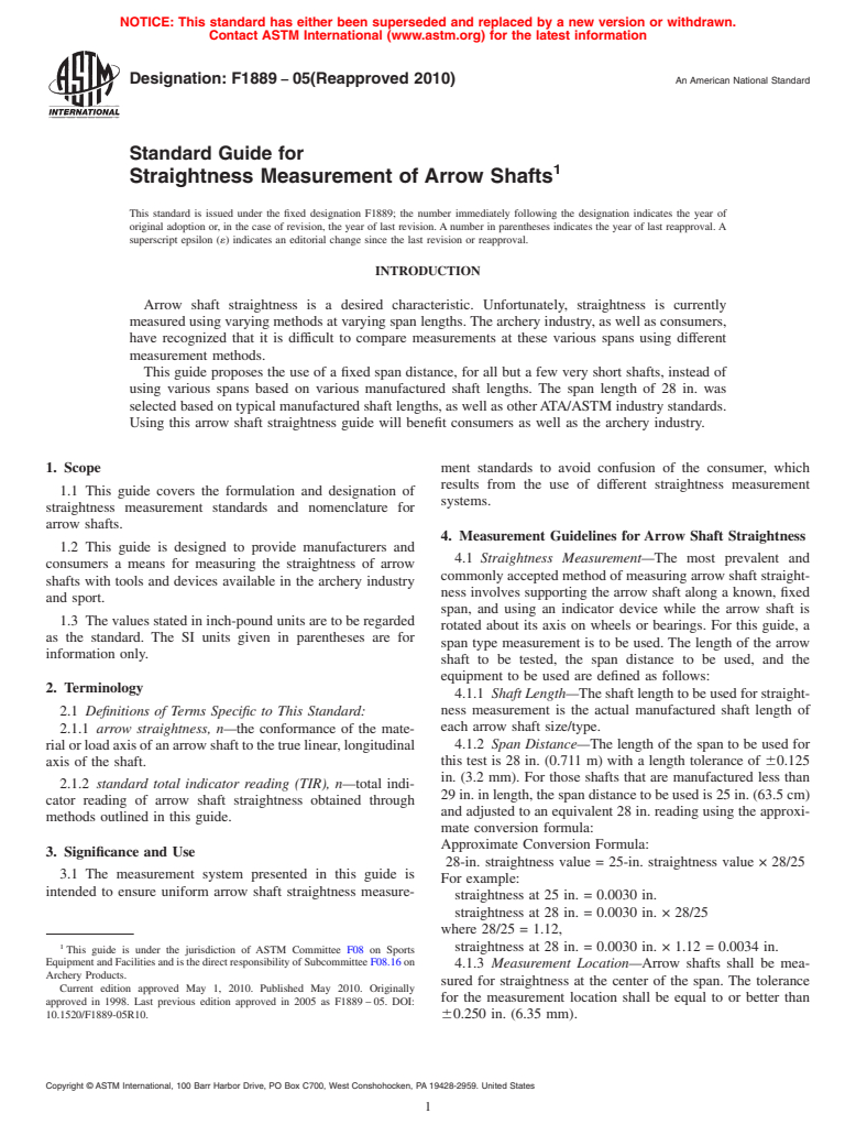 ASTM F1889-05(2010) - Standard Guide for Straightness Measurement of Arrow Shafts