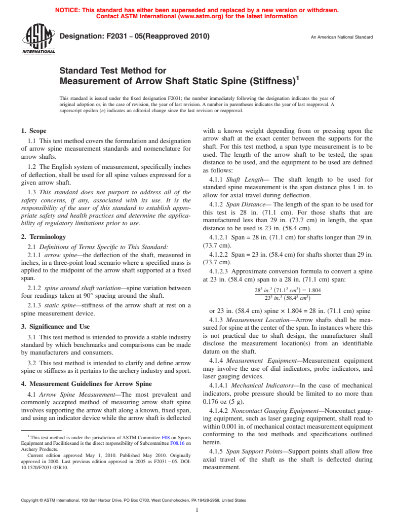 ASTM F2031-05(2010) - Standard Test Method for Measurement of Arrow Shaft Static Spine (Stiffness)