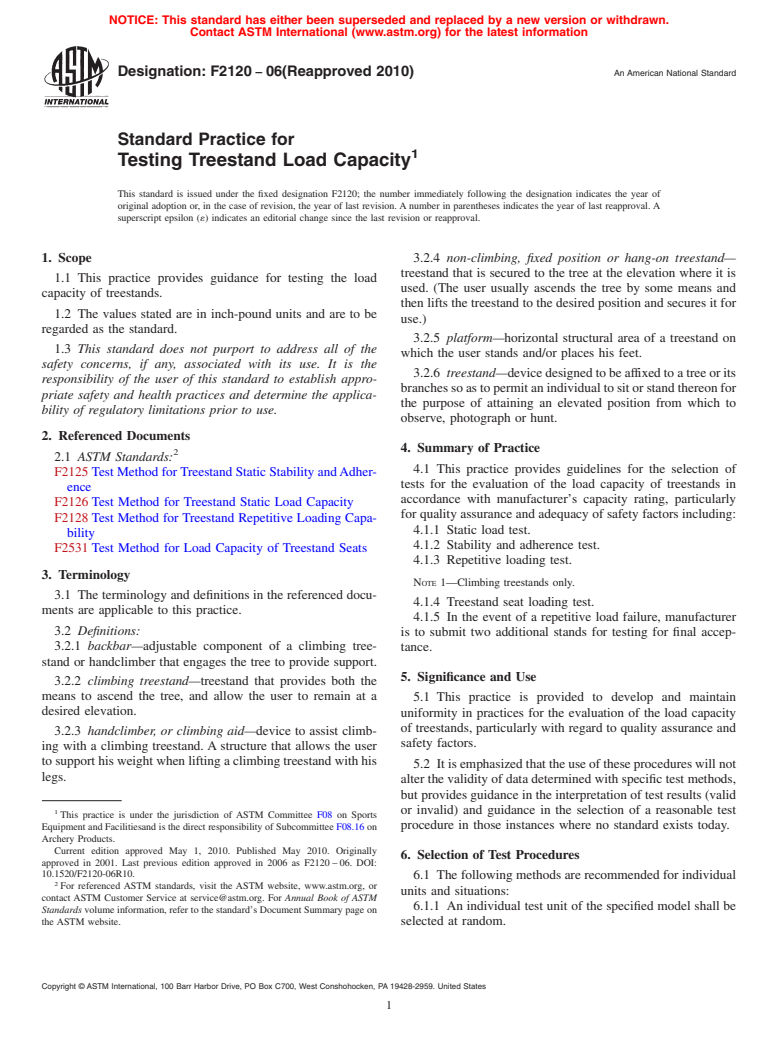 ASTM F2120-06(2010) - Standard Practice for Testing Treestand Load Capacity