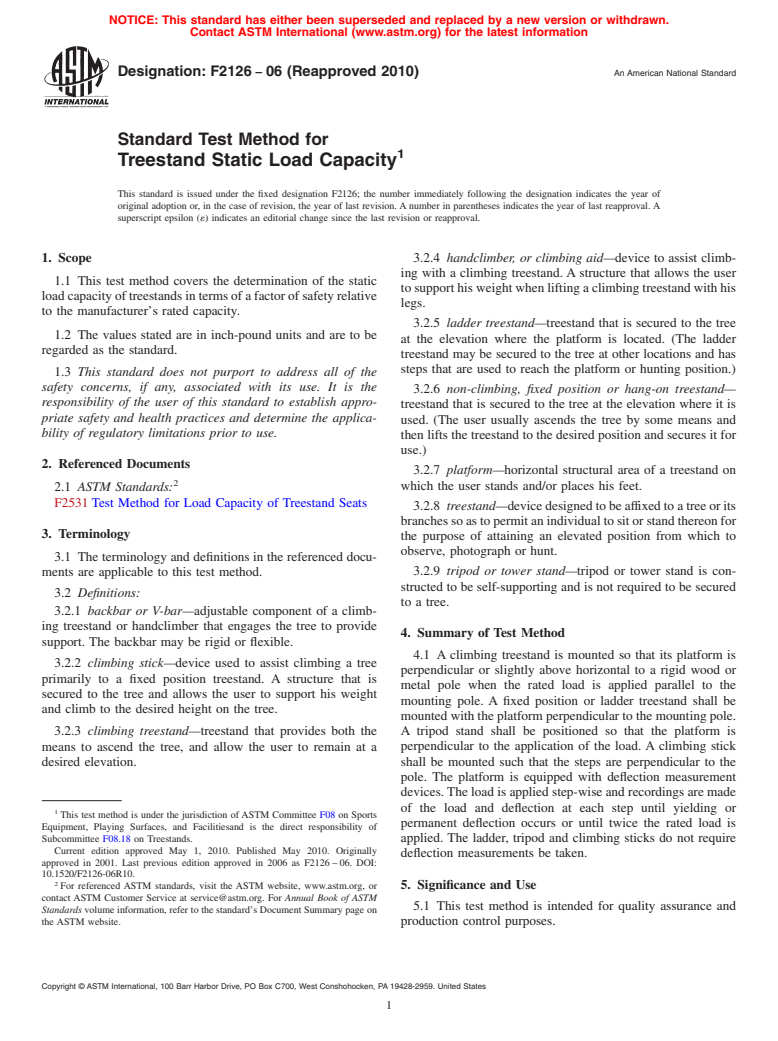 ASTM F2126-06(2010) - Standard Test Method for Treestand Static Load Capacity