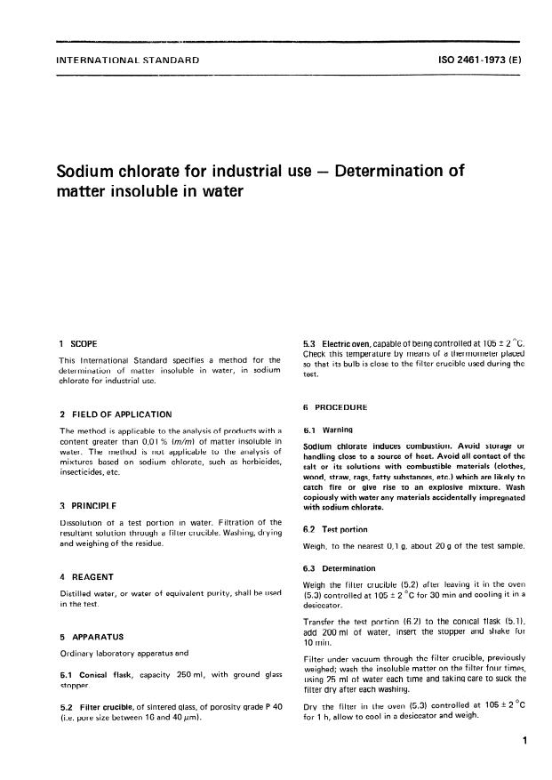 ISO 2461:1973 - Sodium chlorate for industrial use -- Determination of matter insoluble in water