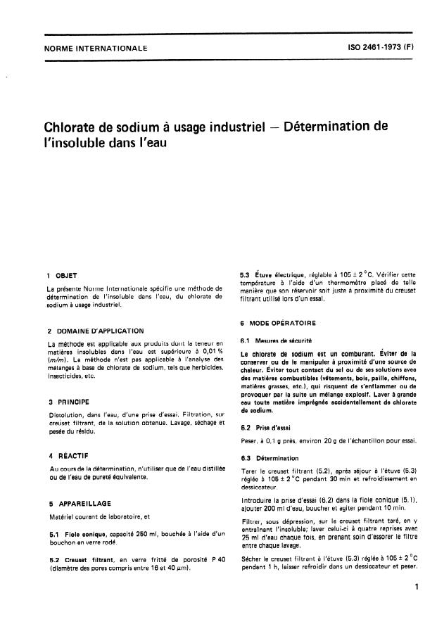 ISO 2461:1973 - Chlorate de sodium a usage industriel -- Détermination de l'insoluble dans l'eau
