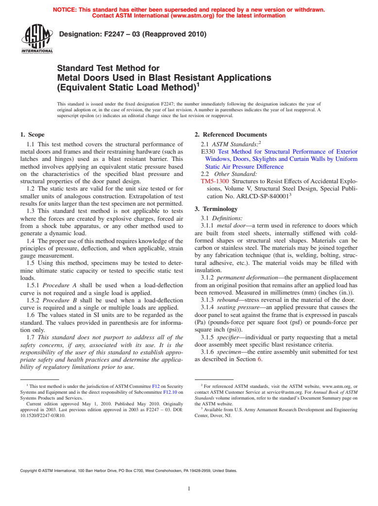 ASTM F2247-03(2010) - Standard Test Method for Metal Doors Used in Blast Resistant Applications (Equivalent Static Load Method)