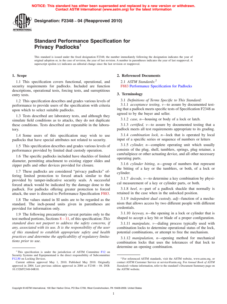 ASTM F2348-04(2010) - Standard Performance Specification for Privacy Padlocks