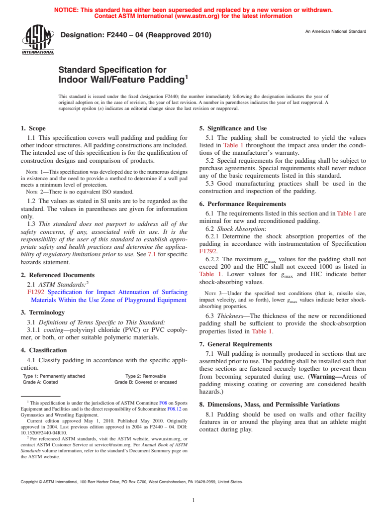 ASTM F2440-04(2010) - Standard Specification for Indoor Wall/Feature Padding