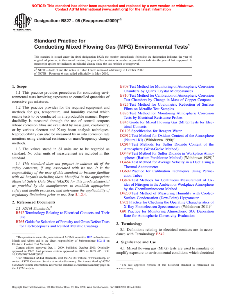 ASTM B827-05(2009)e2 - Standard Practice for Conducting Mixed Flowing Gas (MFG) Environmental Tests