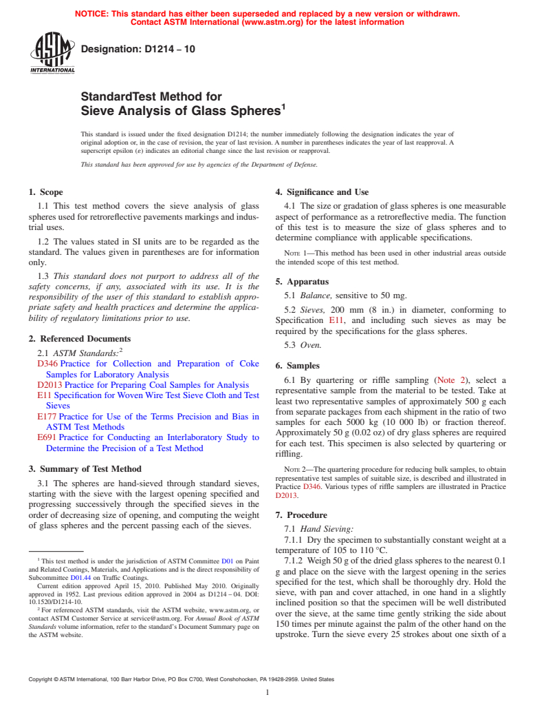 ASTM D1214-10 - Standard Test Method for Sieve Analysis of Glass Spheres