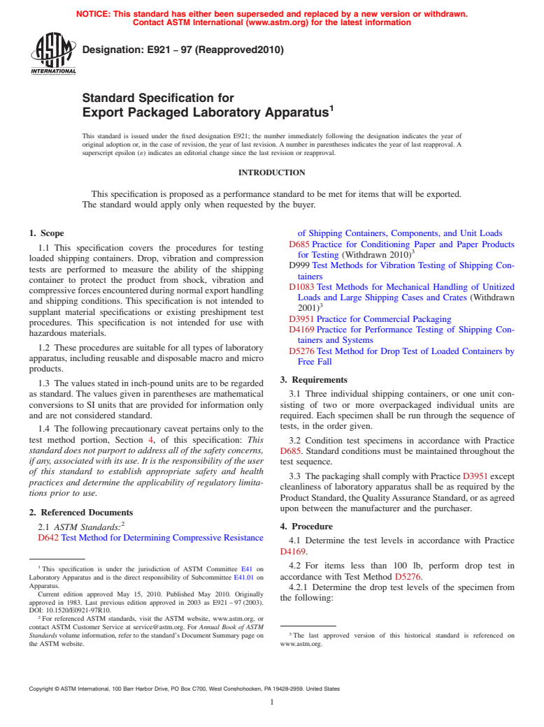 ASTM E921-97(2010) - Standard Specification for Export Packaged Laboratory Apparatus