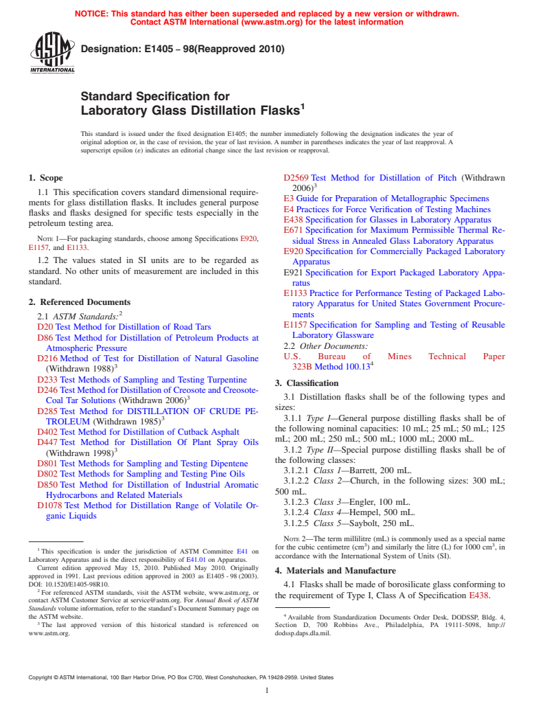 ASTM E1405-98(2010) - Standard Specification for Laboratory Glass Distillation Flasks