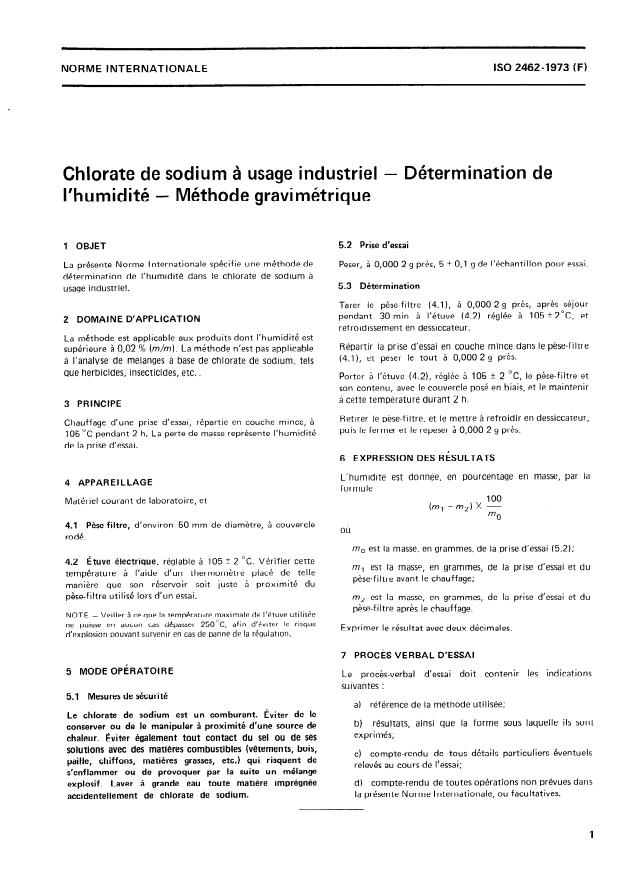 ISO 2462:1973 - Chlorate de sodium a usage industriel -- Détermination de l'humidité -- Méthode gravimétrique