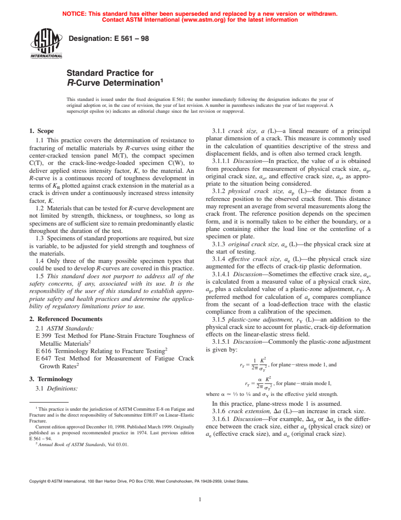 ASTM E561-98 - Standard Practice for R-Curve Determination
