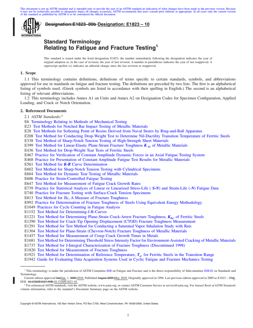 REDLINE ASTM E1823-10 - Standard Terminology Relating to Fatigue and Fracture Testing