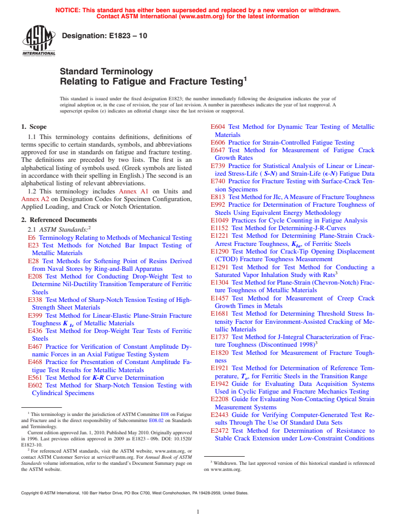 ASTM E1823-10 - Standard Terminology Relating to Fatigue and Fracture Testing