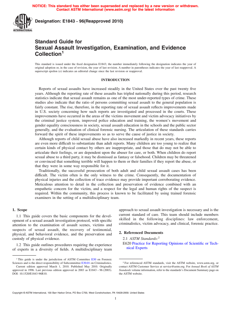 ASTM E1843-96(2010) - Standard Guide for Sexual Assault Investigation, Examination, and Evidence Collection