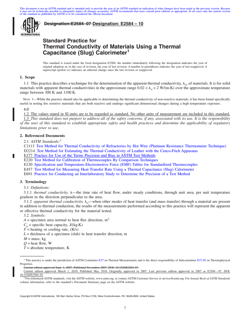 REDLINE ASTM E2584-10 - Standard Practice for Thermal Conductivity of Materials Using a Thermal Capacitance (Slug) Calorimeter