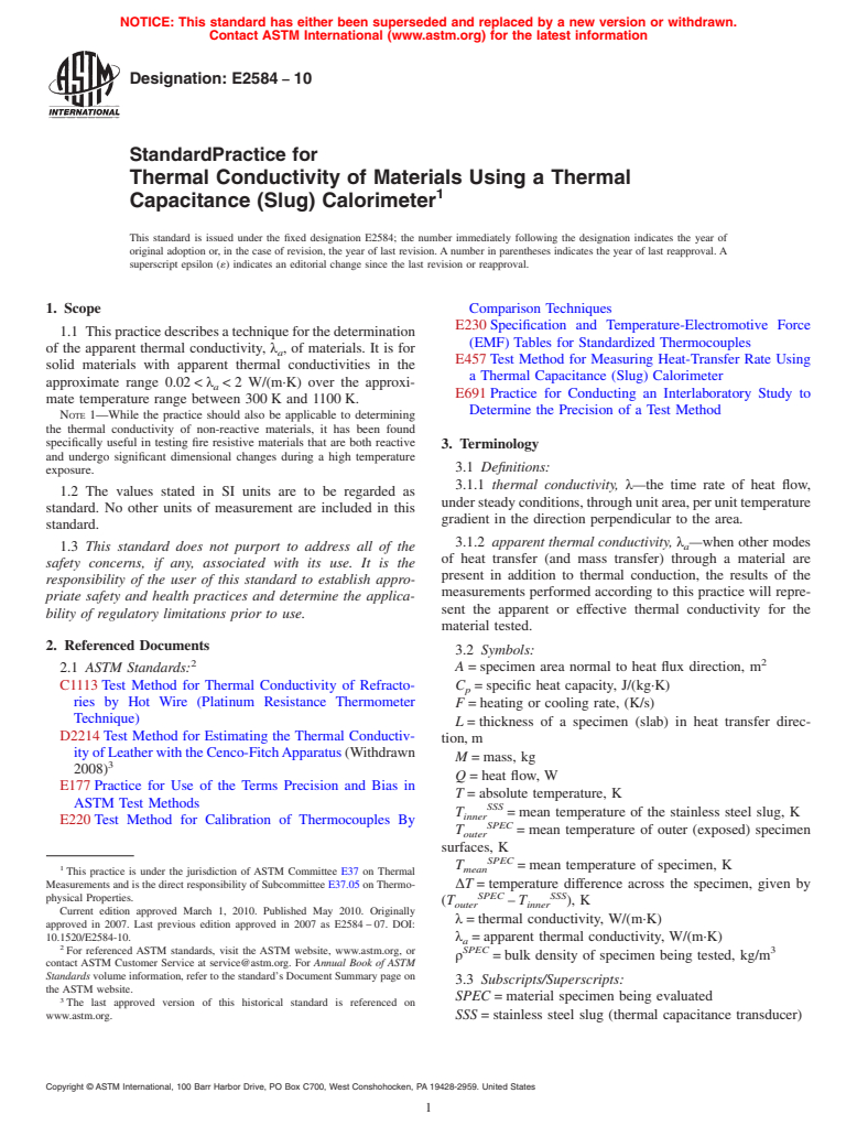 ASTM E2584-10 - Standard Practice for Thermal Conductivity of Materials Using a Thermal Capacitance (Slug) Calorimeter