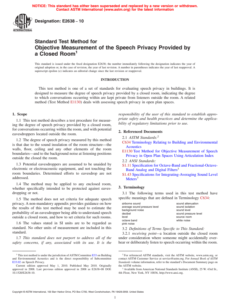 ASTM E2638-10 - Standard Test Method for Objective Measurement of the Speech Privacy Provided by a Closed Room