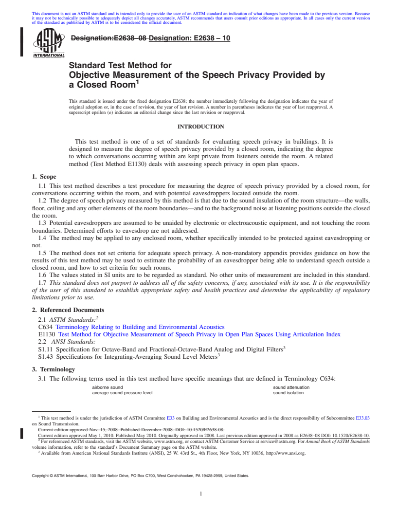 REDLINE ASTM E2638-10 - Standard Test Method for Objective Measurement of the Speech Privacy Provided by a Closed Room