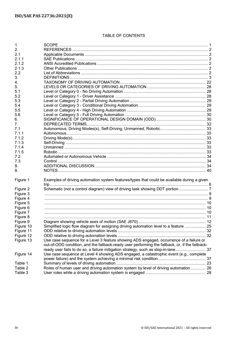ISO/SAE PAS 22736:2021 ISO/SAE PAS 22736:2021 - Taxonomy and definitions for terms related to driving automation systems for on-road motor vehicles
Released:9/1/2021 - Page 4 preview
