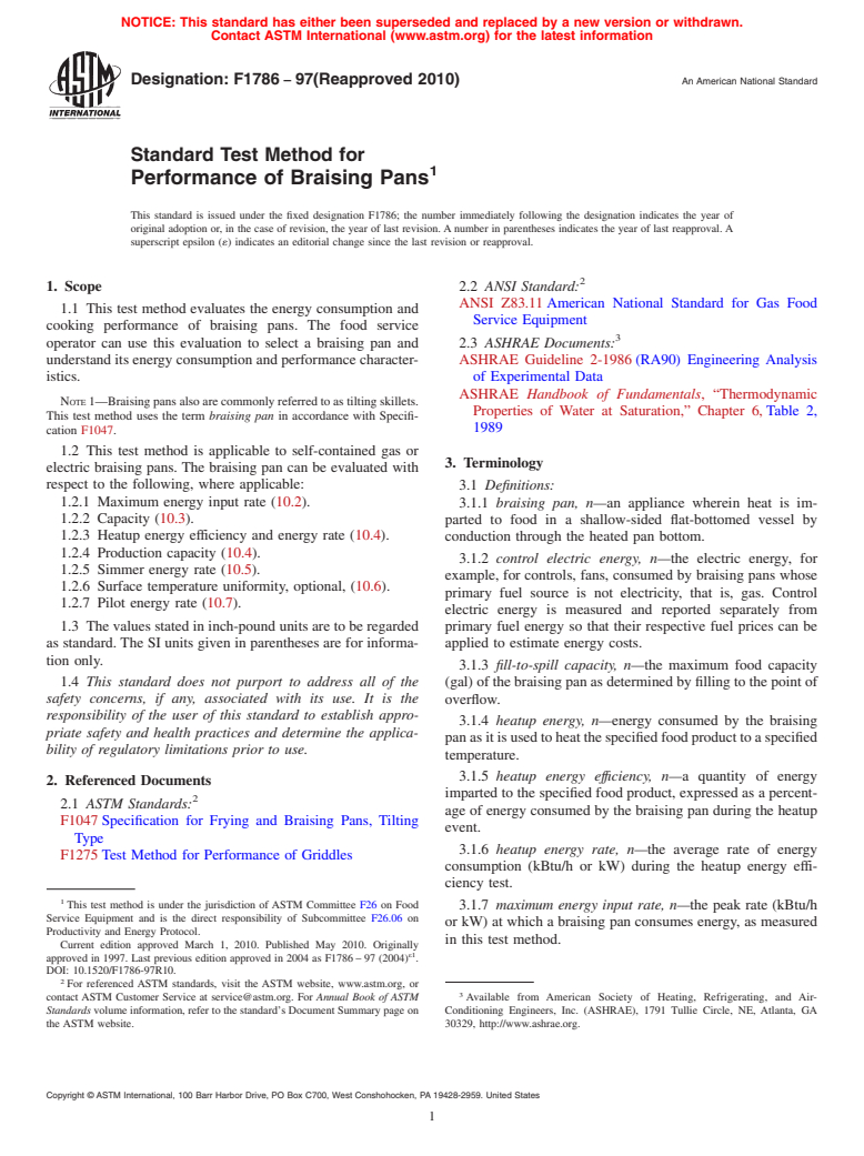 ASTM F1786-97(2010) - Standard Test Method for Performance of Braising Pans