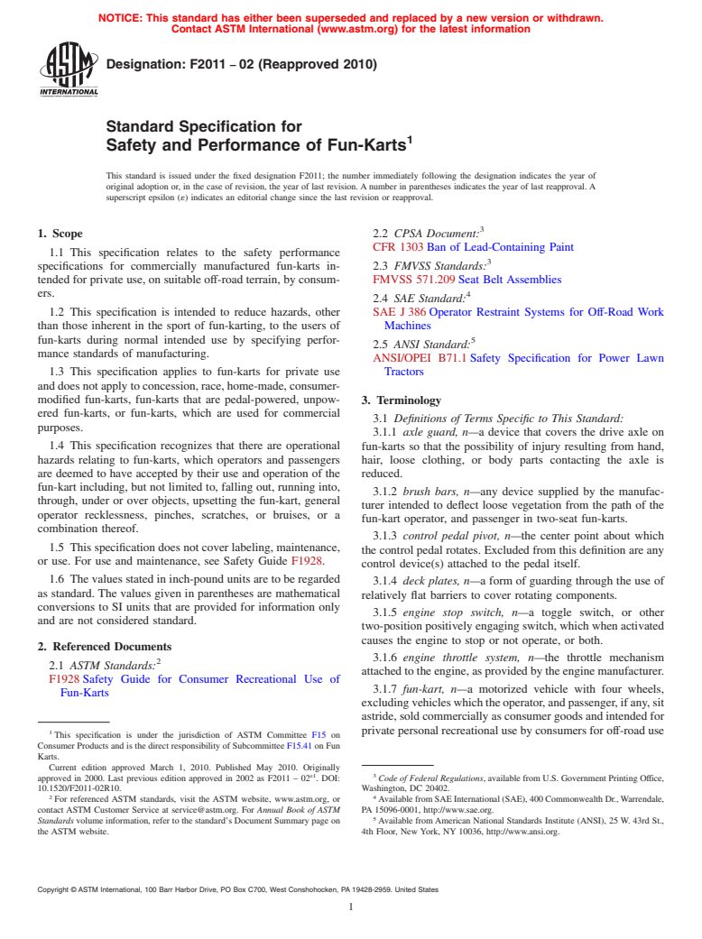 ASTM F2011-02(2010) - Standard Specification for Safety and Performance of Fun-Karts