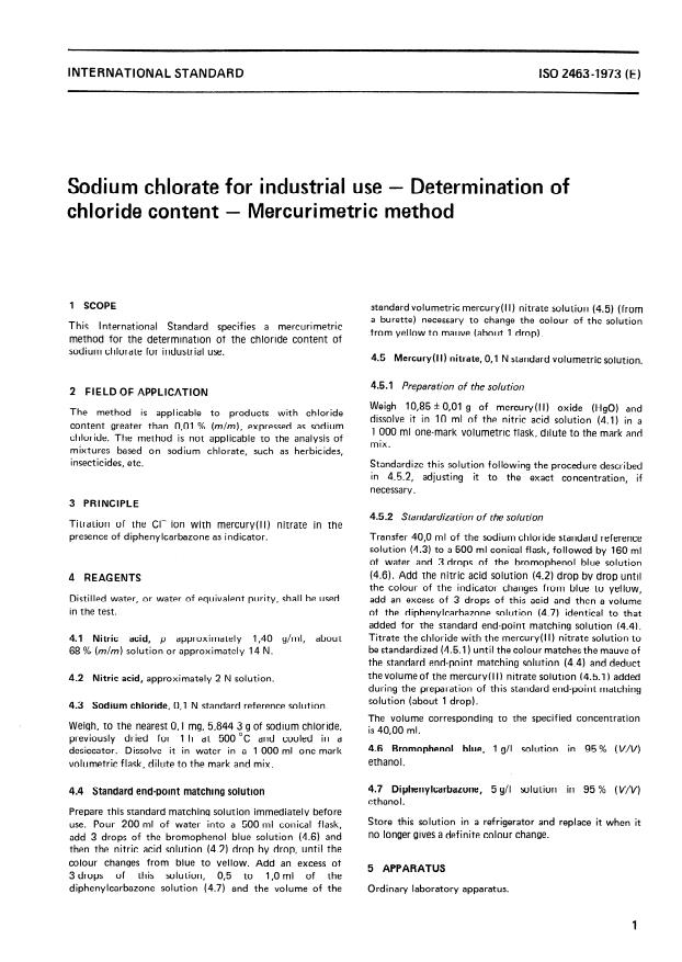 ISO 2463:1973 - Sodium chlorate for industrial use -- Determination of chloride content -- Mercurimetric method
