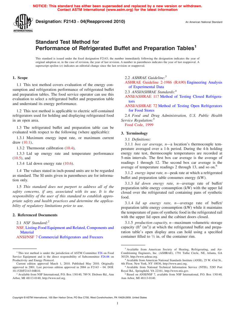 ASTM F2143-04(2010) - Standard Test Method for Performance of Refrigerated Buffet and Preparation Tables