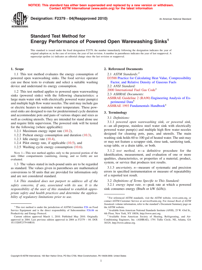 ASTM F2379-04(2010) - Standard Test Method for Energy Performance of Powered Open Warewashing Sinks