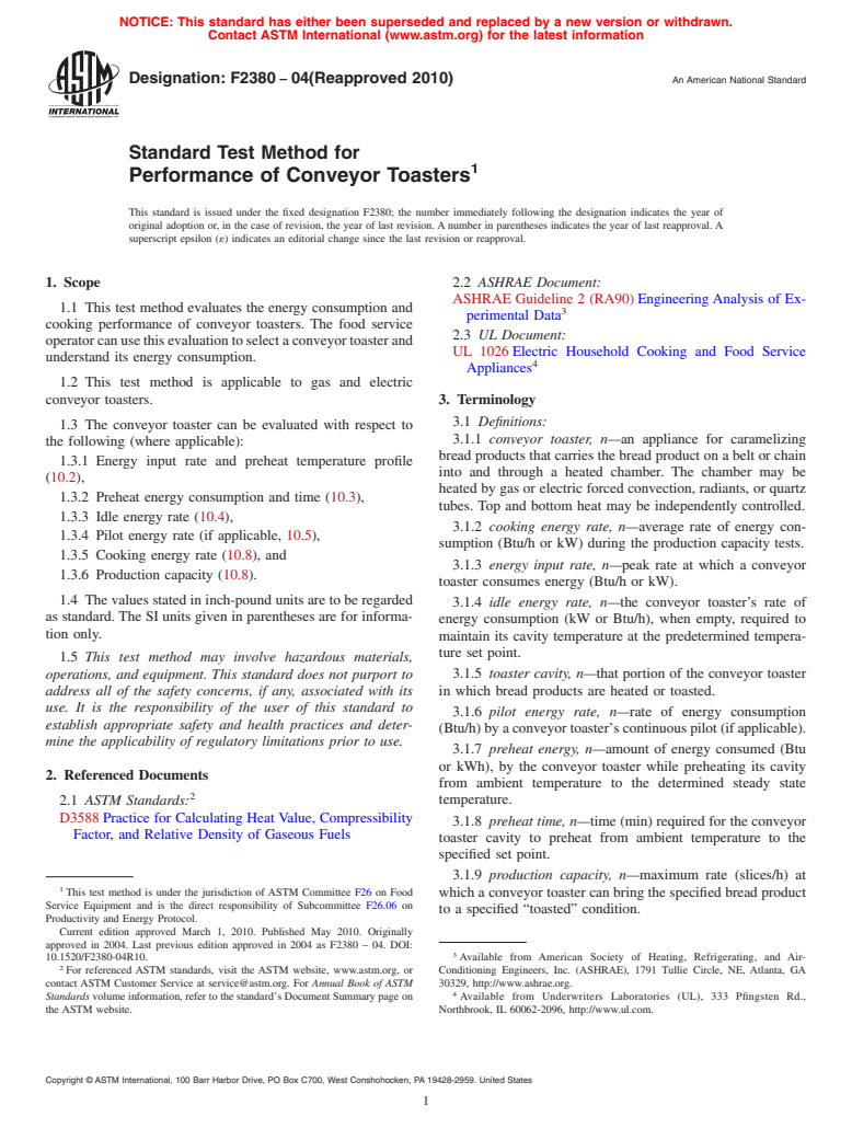 ASTM F2380-04(2010) - Standard Test Method for Performance of Conveyor Toasters