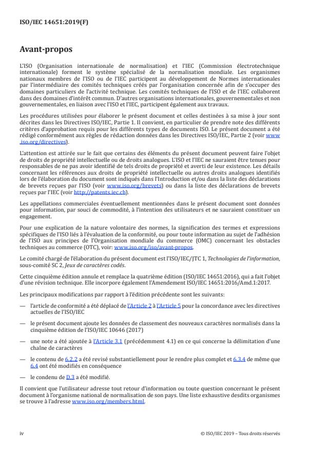 ISO/IEC 14651:2019 ISO/IEC 14651:2019 - Technologies de l'information -- Classement international et comparaison de chaînes de caracteres -- Méthode de comparaison de chaînes de caracteres et description du modele commun et adaptable d'ordre de classement - Page 4 preview