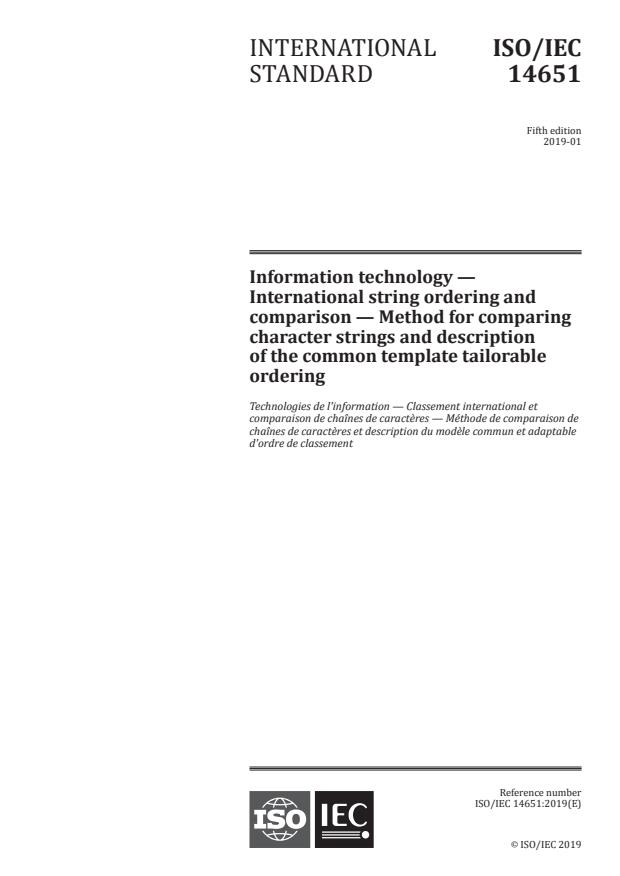 ISO/IEC 14651:2019 - Information technology -- International string ordering and comparison -- Method for comparing character strings and description of the common template tailorable ordering