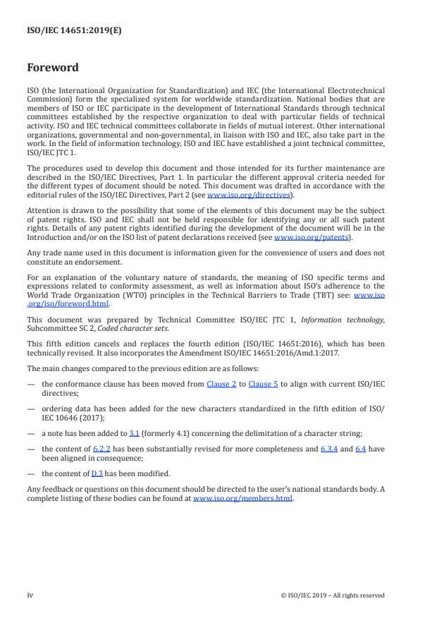 ISO/IEC 14651:2019 ISO/IEC 14651:2019 - Information technology -- International string ordering and comparison -- Method for comparing character strings and description of the common template tailorable ordering - Page 4 preview