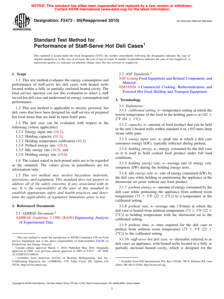 ASTM F2472-05(2010) - Standard Test Method for Performance of Staff-Serve Hot Deli Cases