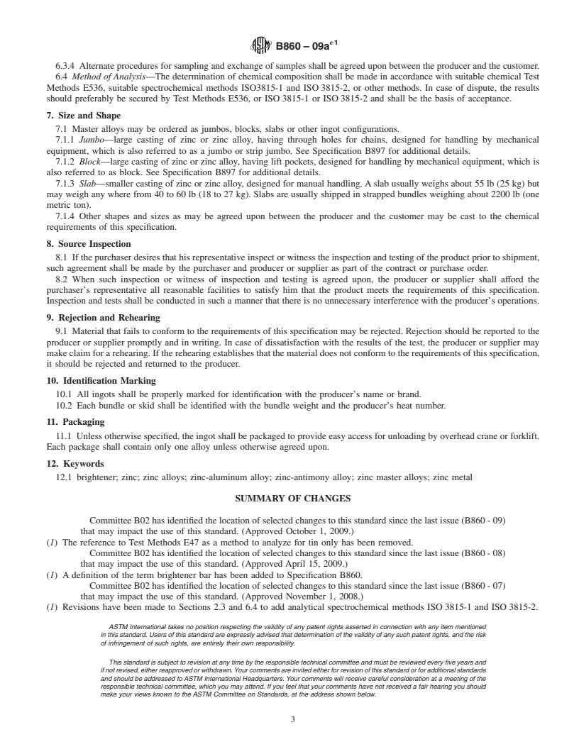 REDLINE ASTM B860-09ae1 - Standard Specification for Zinc Master Alloys for Use in Hot Dip Galvanizing