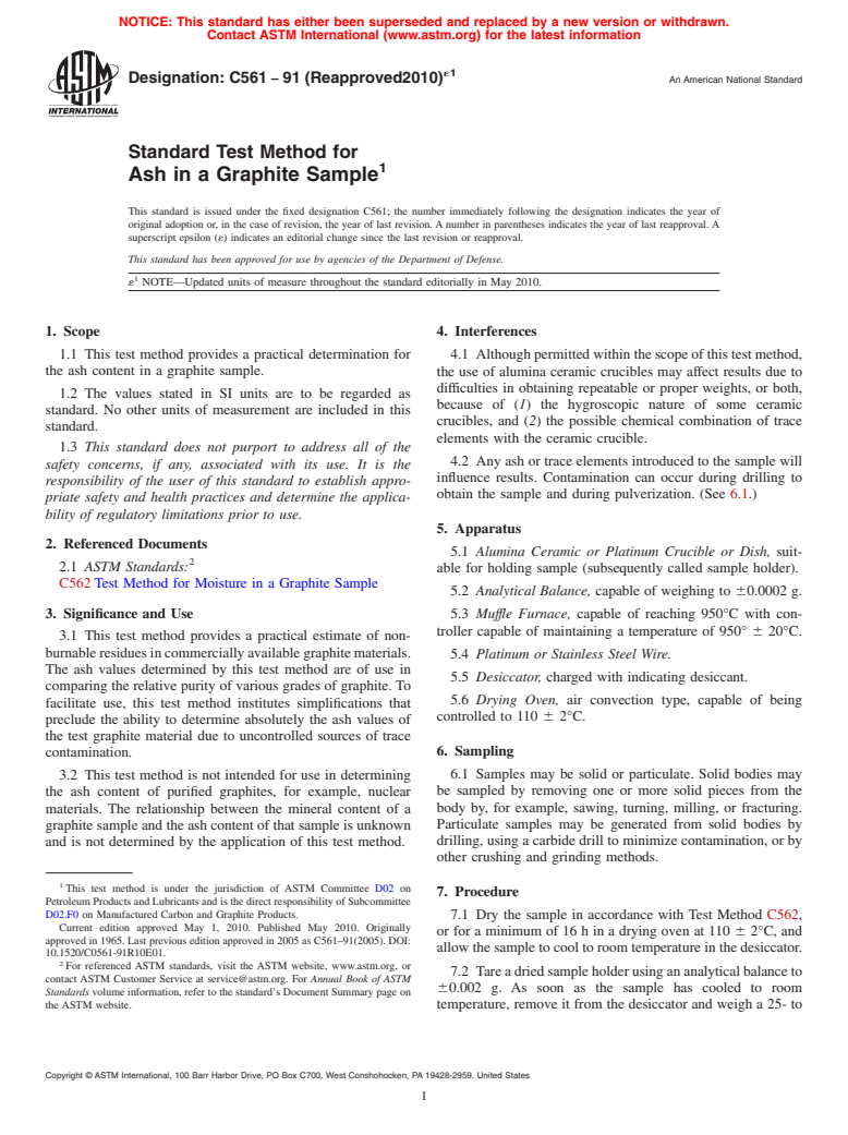 ASTM C561-91(2010)e1 - Standard Test Method for Ash in a Graphite Sample