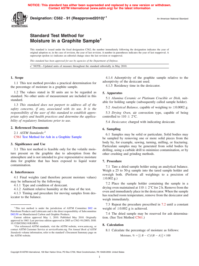 ASTM C562-91(2010)e1 - Standard Test Method for Moisture in a Graphite Sample