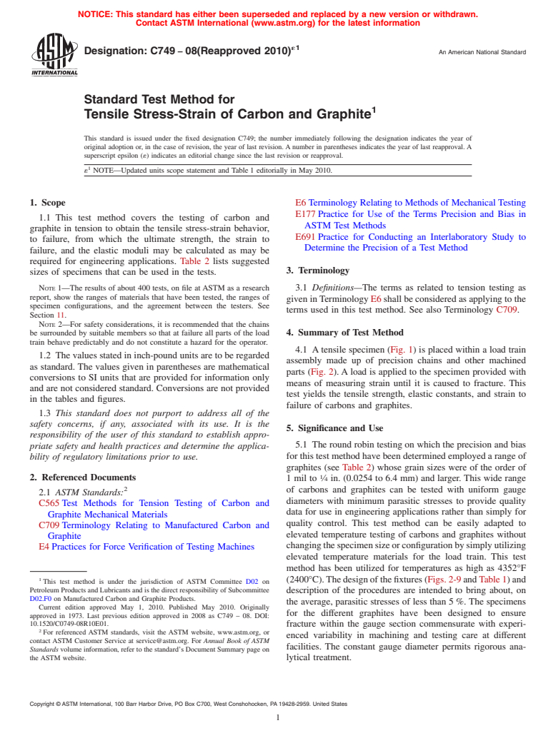 ASTM C749-08(2010)e1 - Standard Test Method for Tensile Stress-Strain of Carbon and Graphite