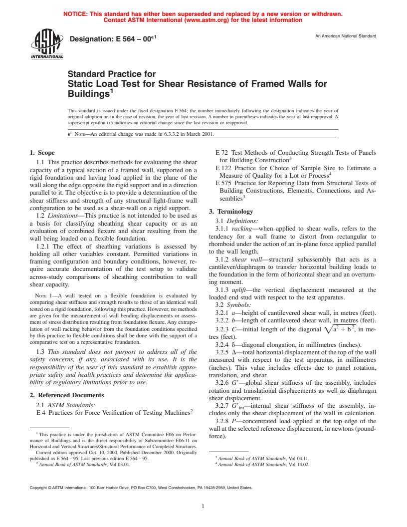 ASTM E564-00e1 - Standard Practice for Static Load Test for Shear Resistance of Framed Walls for Buildings