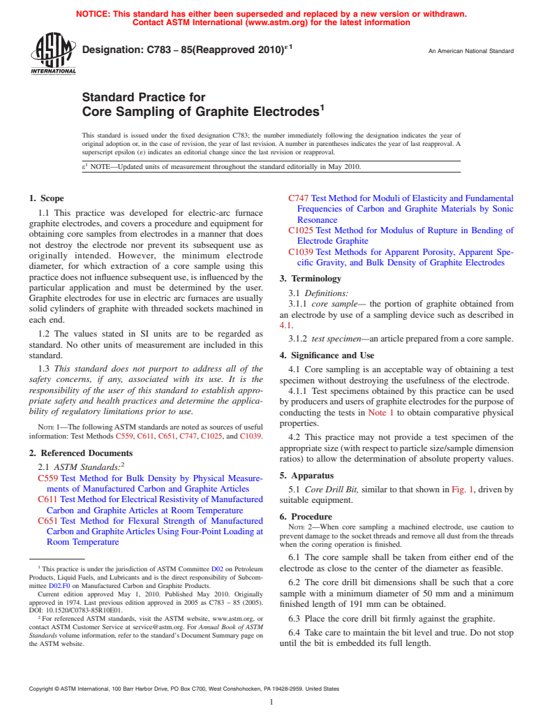 ASTM C783-85(2010)e1 - Standard Practice for Core Sampling of Graphite Electrodes