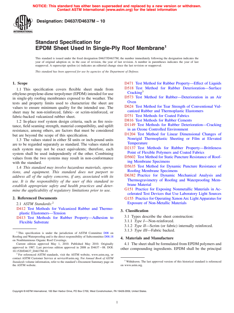 ASTM D4637/D4637M-10 - Standard Specification for EPDM Sheet Used In Single-Ply Roof Membrane