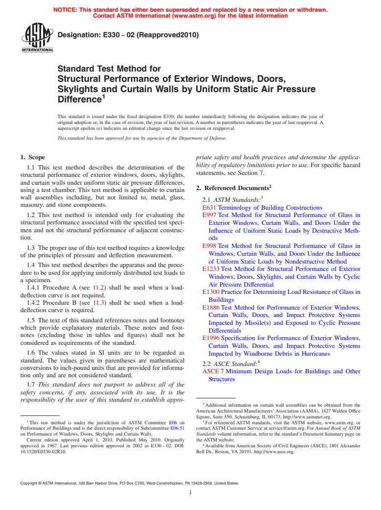 ASTM E330-02(2010) - Standard Test Method for Structural Performance of Exterior Windows, Doors, Skylights and Curtain Walls by Uniform Static Air Pressure Difference