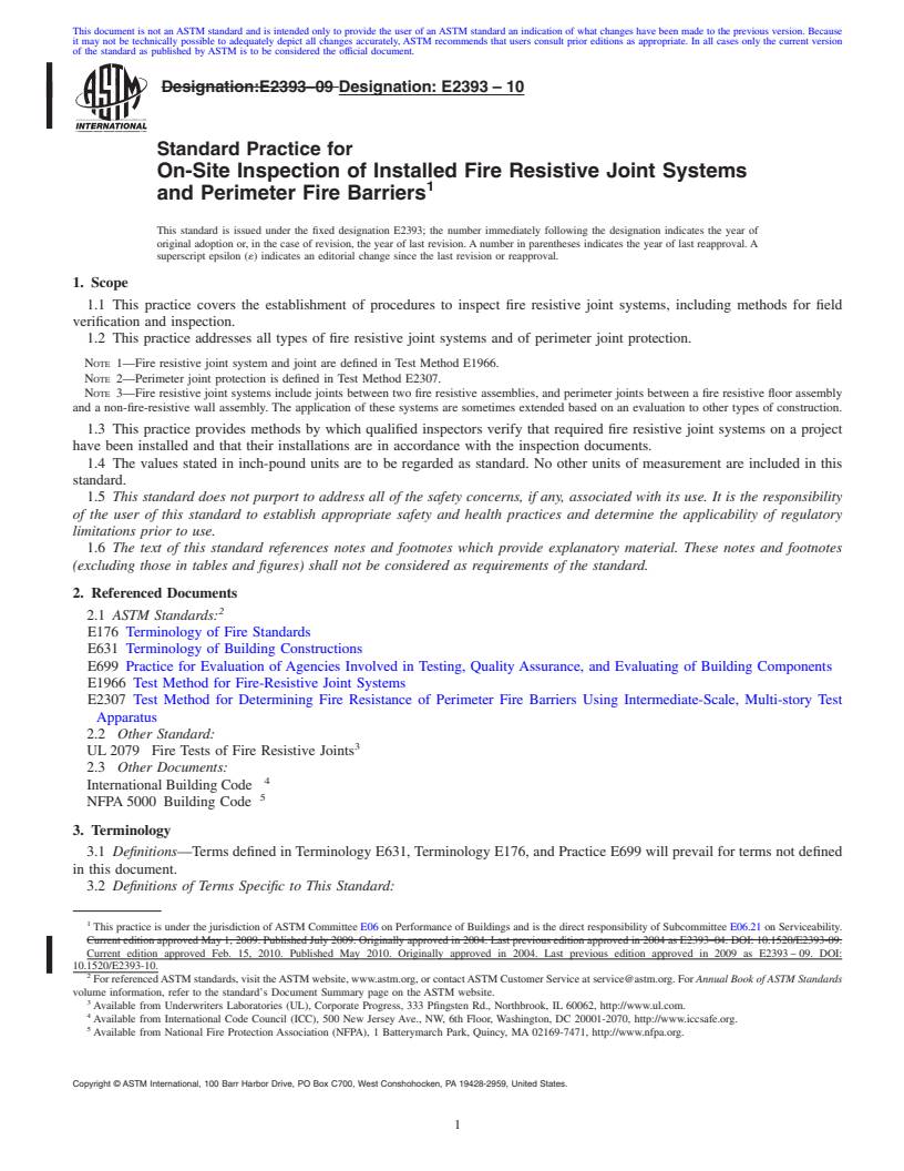 REDLINE ASTM E2393-10 - Standard Practice for On-Site Inspection of Installed Fire Resistive Joint Systems and Perimeter Fire Barriers