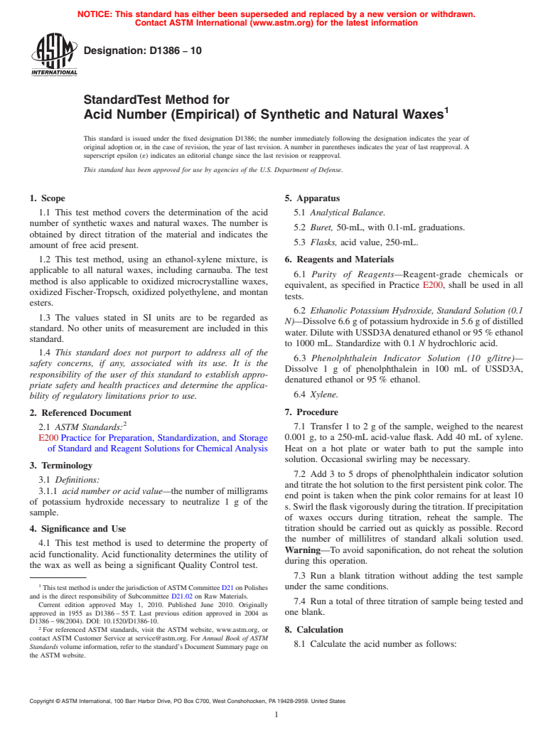 ASTM D1386-10 - Standard Test Method for Acid Number (Empirical) of Synthetic and Natural Waxes